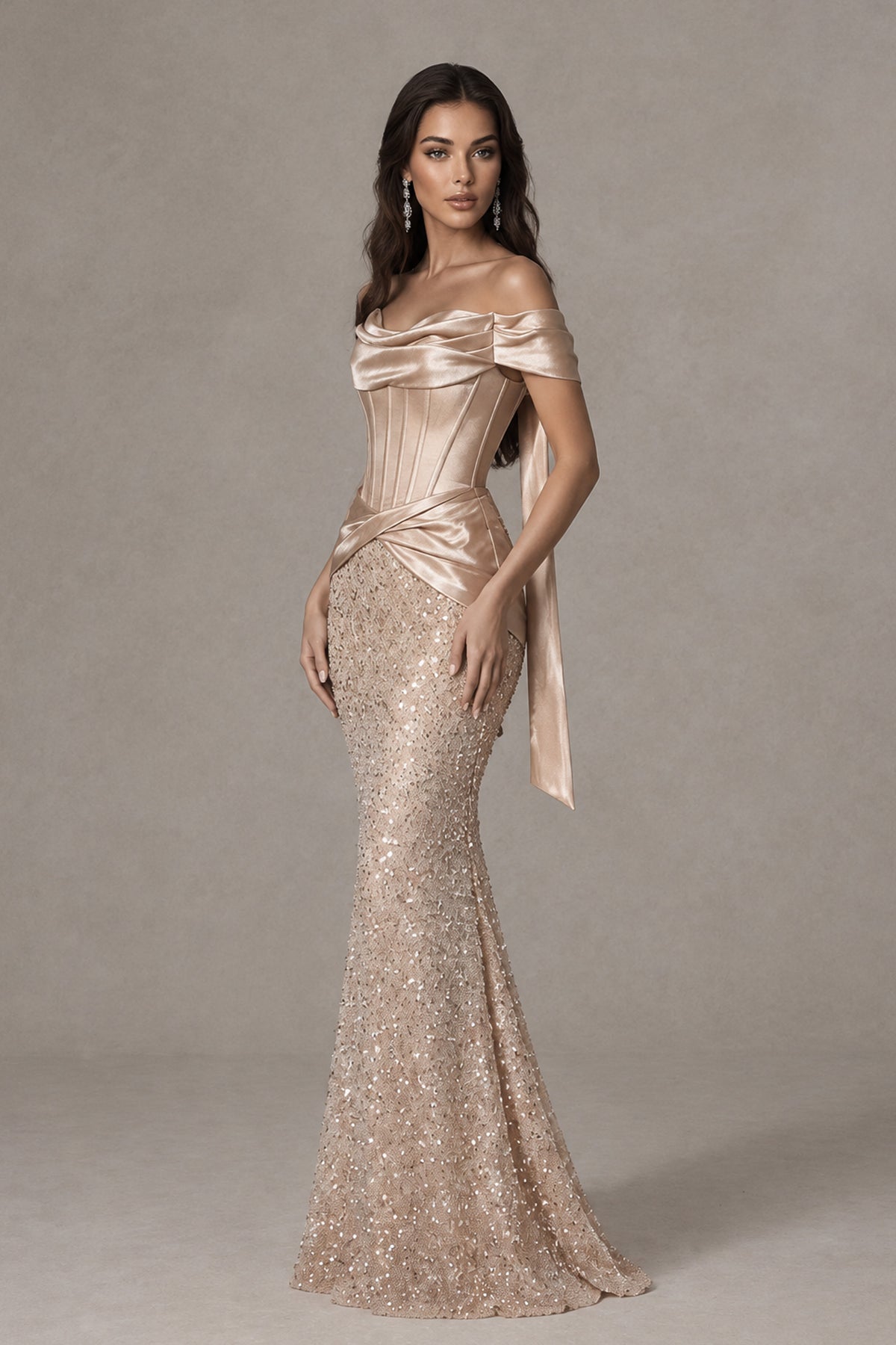 BOLODOO champagne off-shoulder gown with crossed waist draping and flared sequin hem, side view