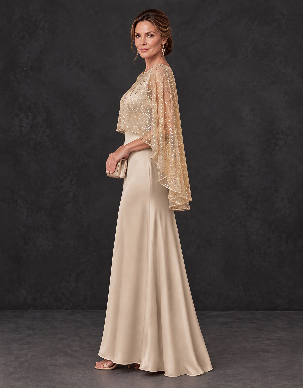BOLODOO XX084 champagne mother of the bride dress with embellished sheer cape overlay and round neckline, side view