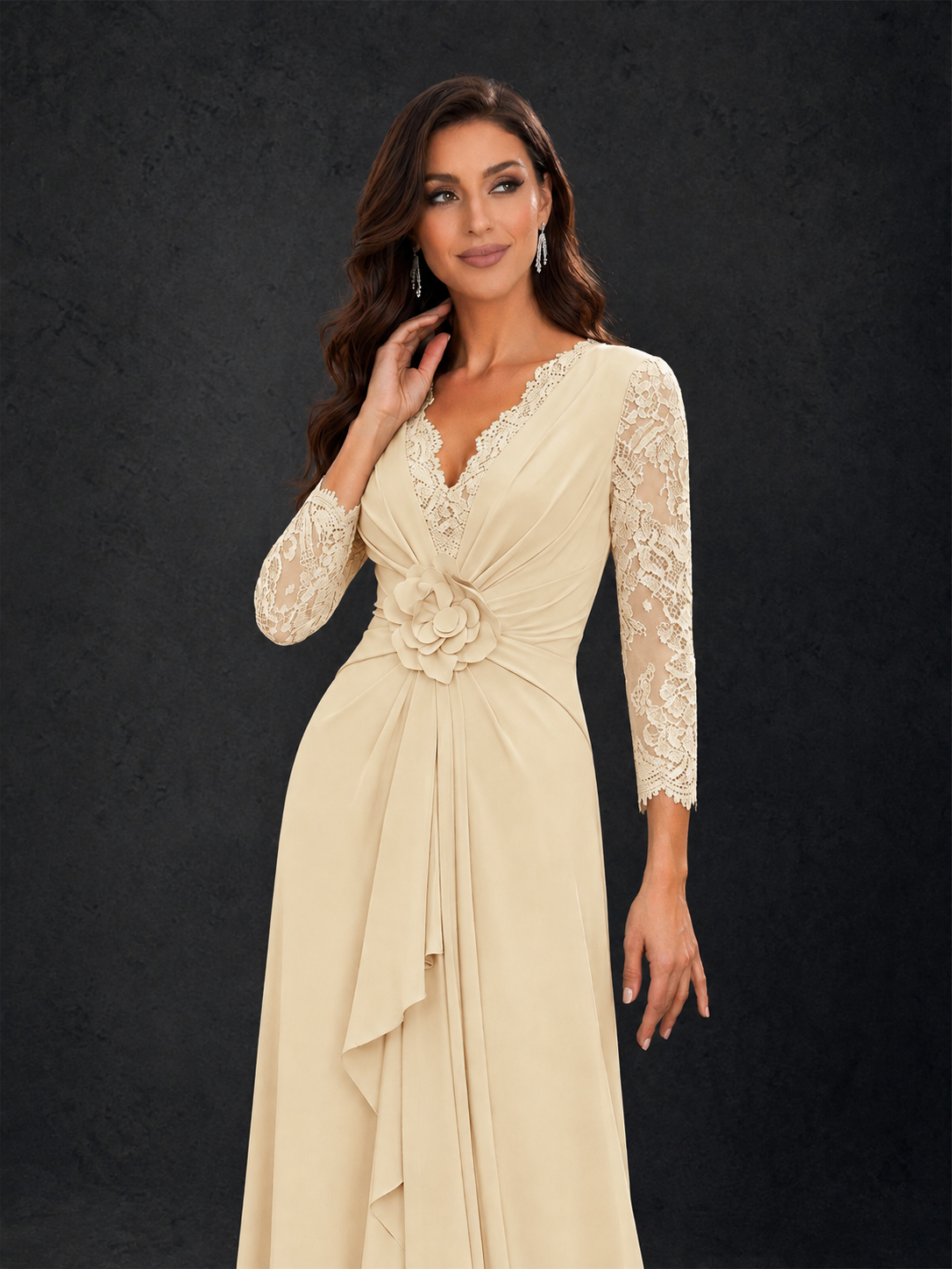 BOLODOO Champagne Lace Sleeve V-Neck Floral Waist Chiffon A-Line Maxi Dress 