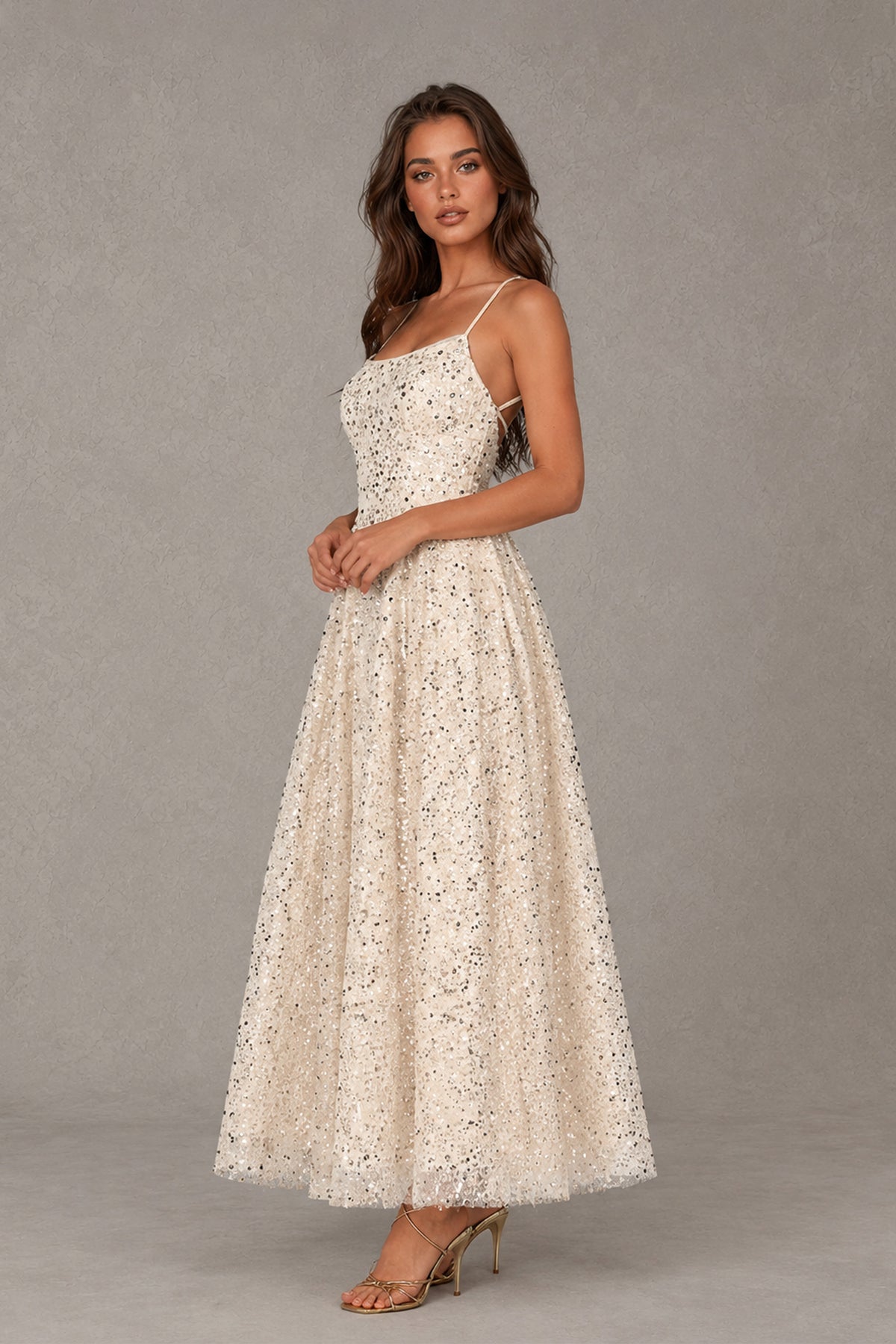 BOLODOO XX070 champagne A-line spaghetti strap dress, three-quarter side view