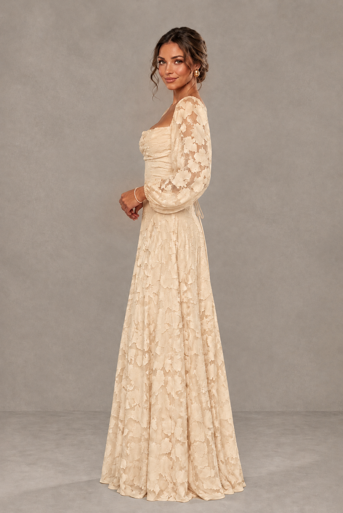 BOLODOO XX048 champagne square neck formal gown with sheer floral long sleeves, side view