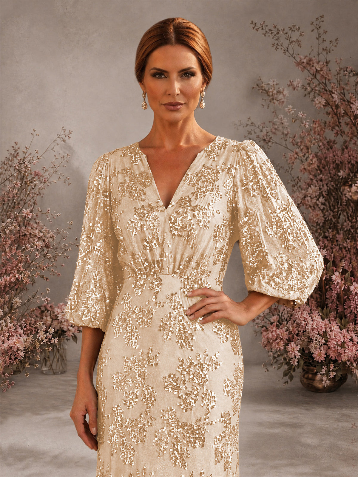 BOLODOO Champagne V-Neck Lantern Sleeve All-Over Sequin Floral Embroidered Mermaid Gown 