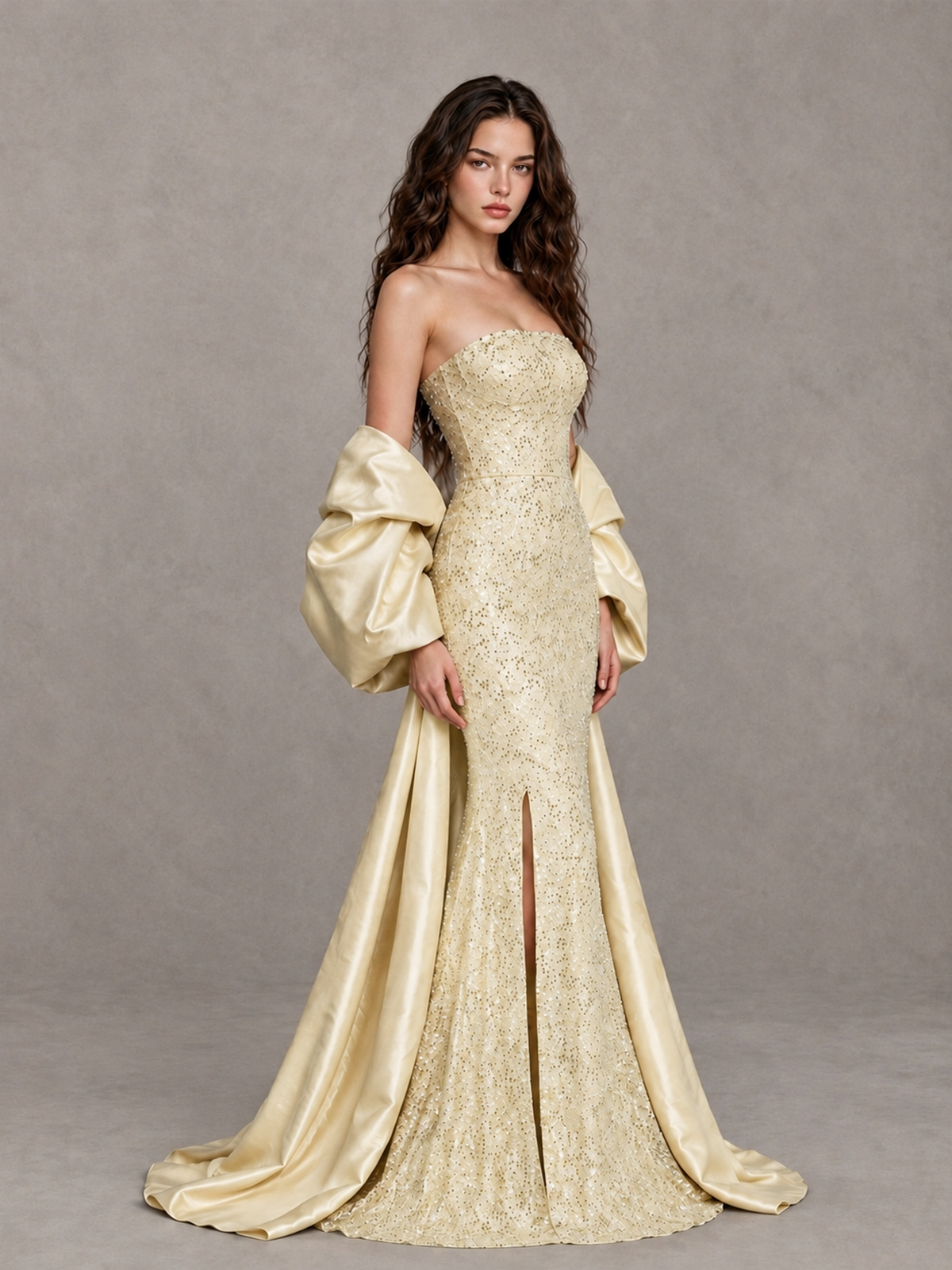 Champagne fitted mermaid formal gown with puff-style arm drapes and trailing side panels, three-quarter front view