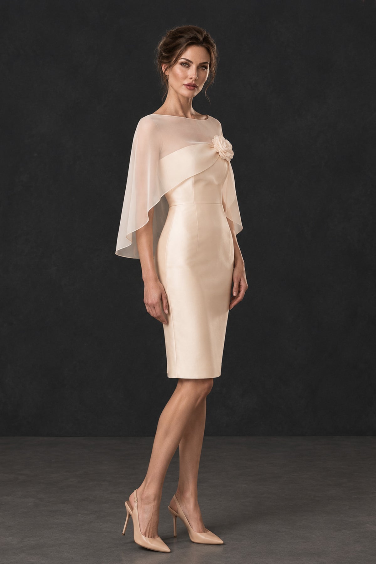 Side view of BOLODOO XX067 champagne knee-length sheath dress and flowing sheer cape