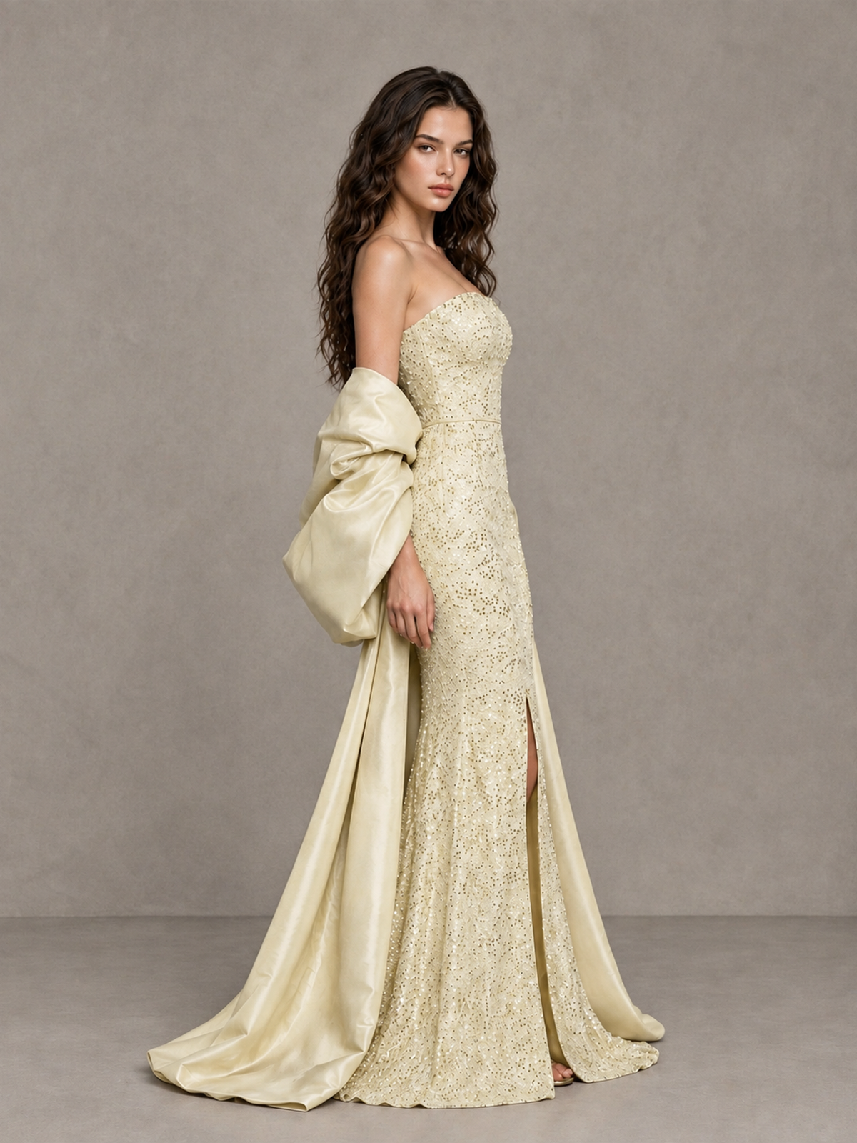 BOLODOO champagne floor-length sparkle prom dress with front slit and satin-look trailing panels, side view