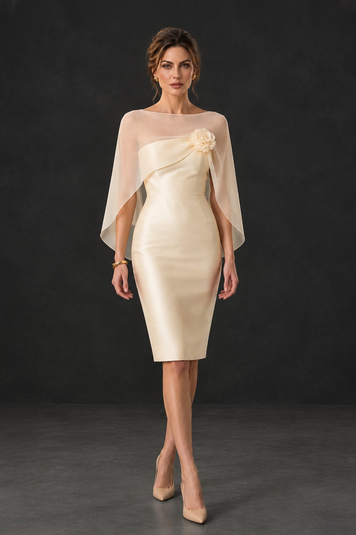 BOLODOO XX067 champagne knee-length cape dress with floral accent, full front view