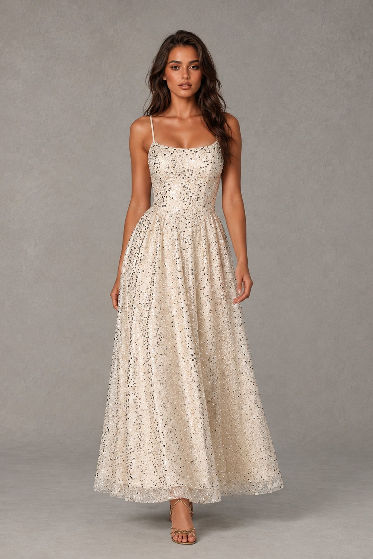 BOLODOO champagne ankle-length sparkling prom dress, front walking pose
