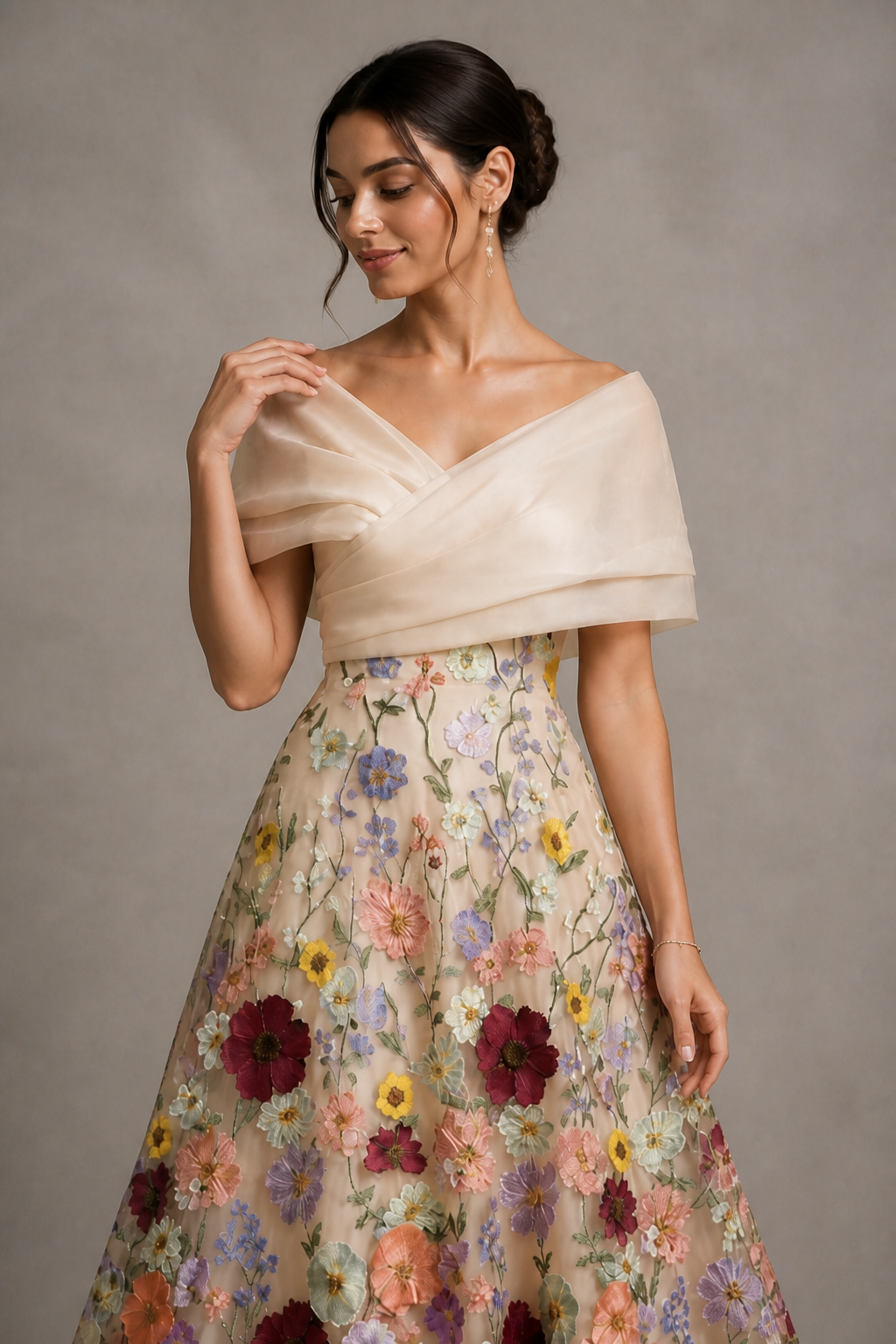 Champagne Off-Shoulder 3D Floral Embroidered Tulle Tea Length Dress - Bodice Close-Up Detail