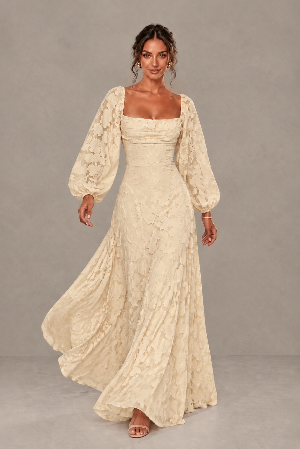 BOLODOO XX048 champagne floral floor-length dress with flowing A-line skirt, walking front view