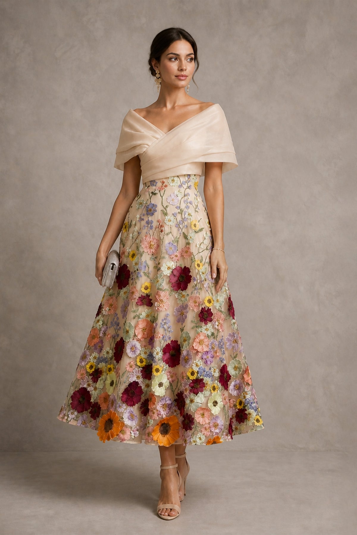Champagne Off-Shoulder 3D Floral Embroidered Tulle Tea Length Dress - Full Length Front View