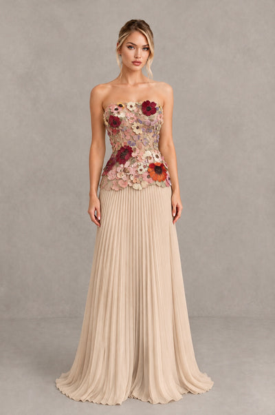 BOLODOO Champagne Red Strapless Floral Applique Pleated Evening Dress - Champagne Red - Champagne Red (1)