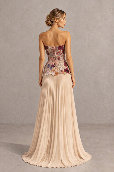 BOLODOO Champagne Red Strapless Floral Applique Pleated Evening Dress - Champagne Red - Champagne Red (2)
