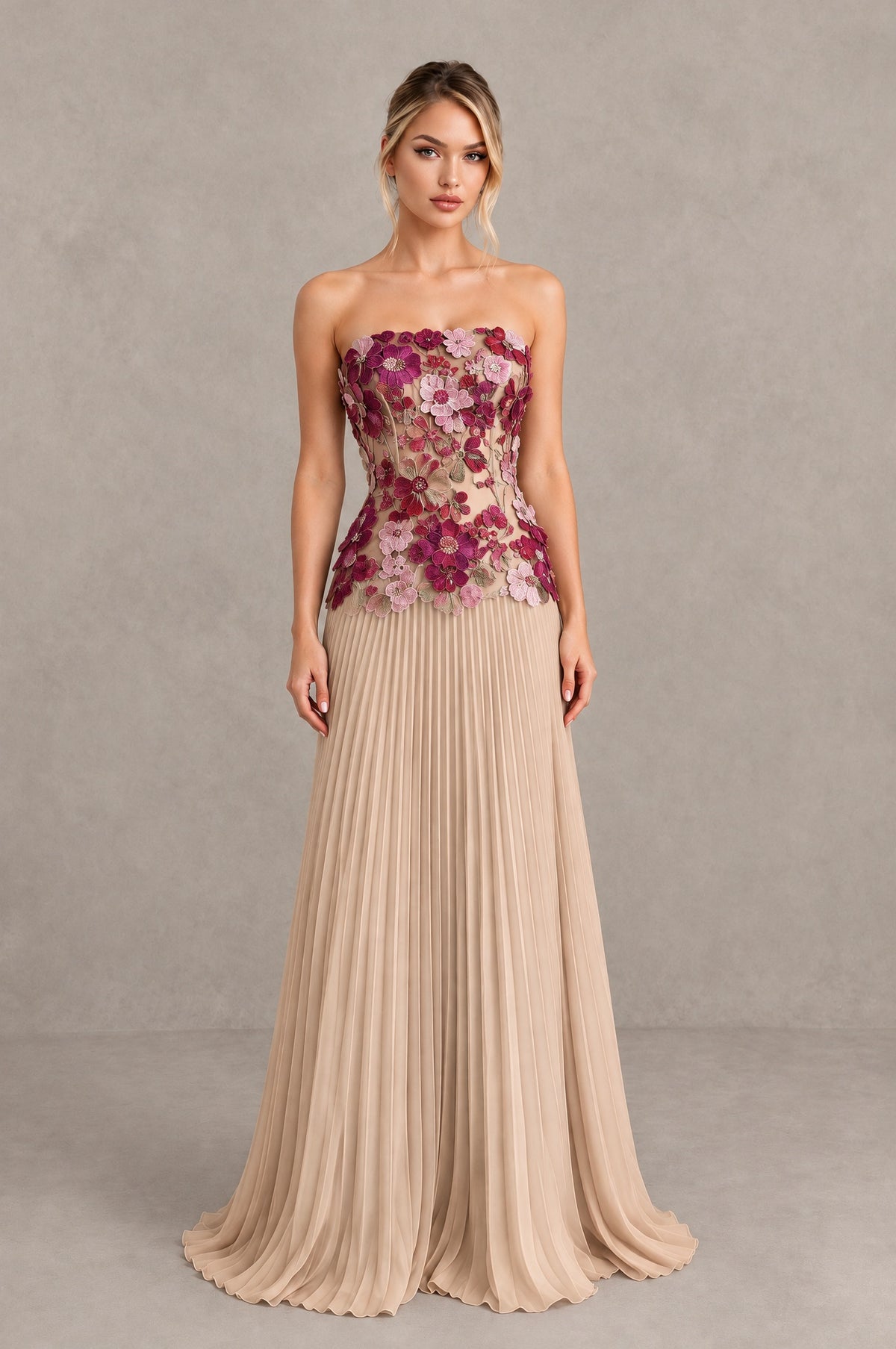 BOLODOO Champagne Red Floral Strapless Floral Applique Pleated Evening Dress - Champagne Red Floral - Champagne Red Floral (1)