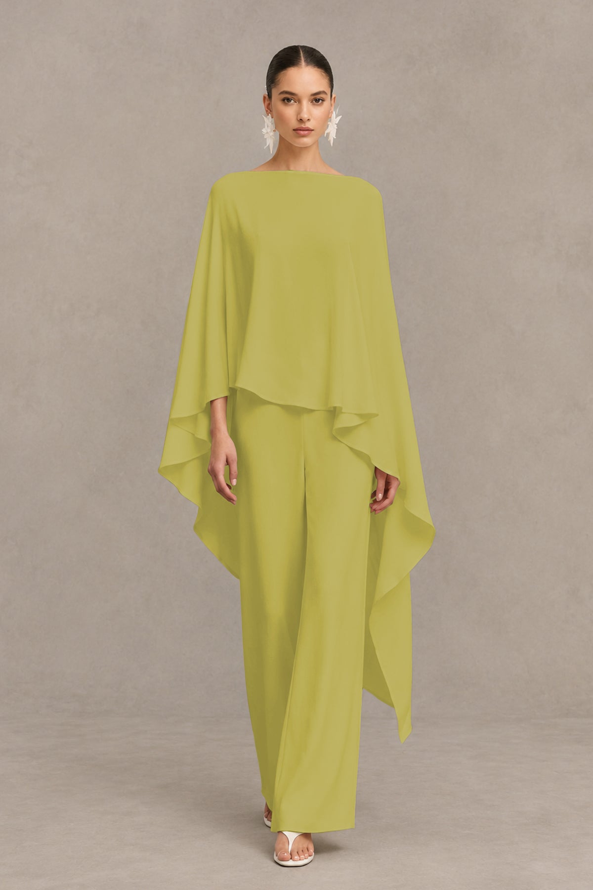 BOLODOO Chartreuse Cape Sleeve Wide-Leg Formal Pantsuit - Chartreuse - Chartreuse_01