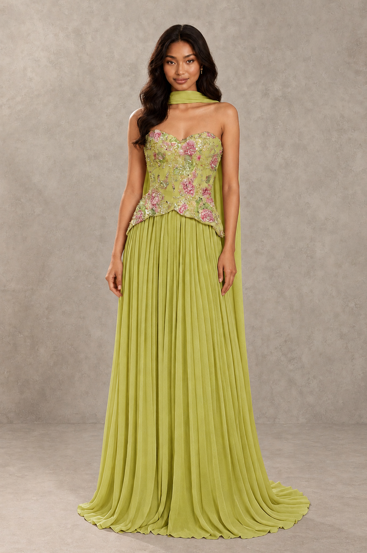 BOLODOO Chartreuse Strapless Beaded Floral Corset Chiffon Maxi Gown – Open Back Prom & Formal Evening Dress - Chartreuse - Chartreuse_01