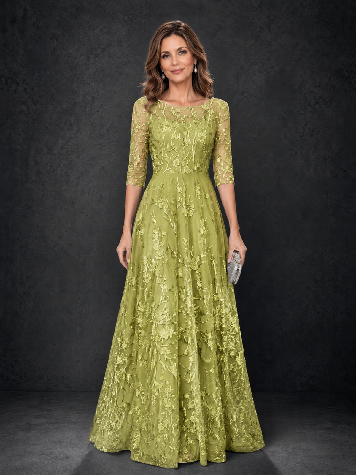 BOLODOO Chartreuse Illusion Bateau Neck 3/4 Sleeve Floral Lace A-Line Mother of the Bride Dress MX007 - Chartreuse - Chartreuse_01
