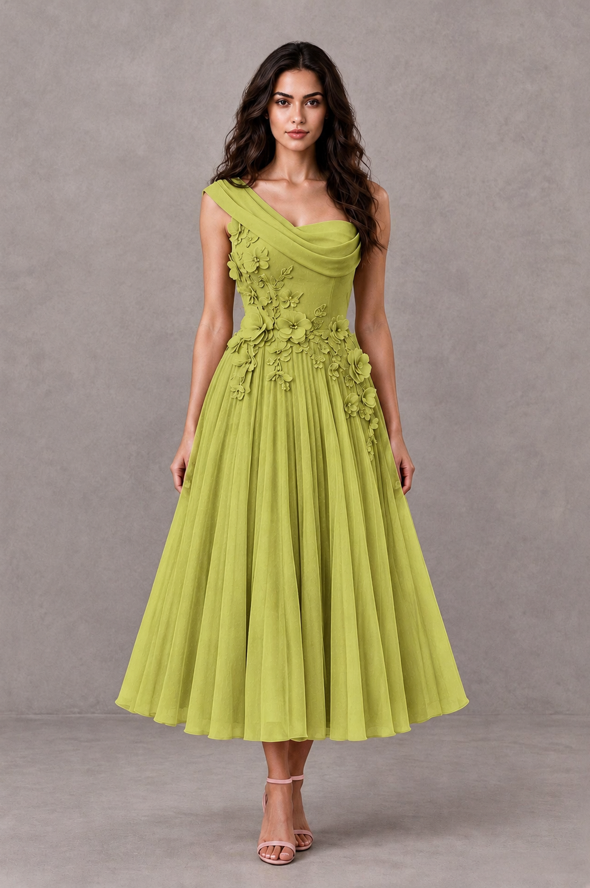 BOLODOO Chartreuse One-Shoulder Floral Tulle Tea-Length Dress - Chartreuse - Chartreuse_01