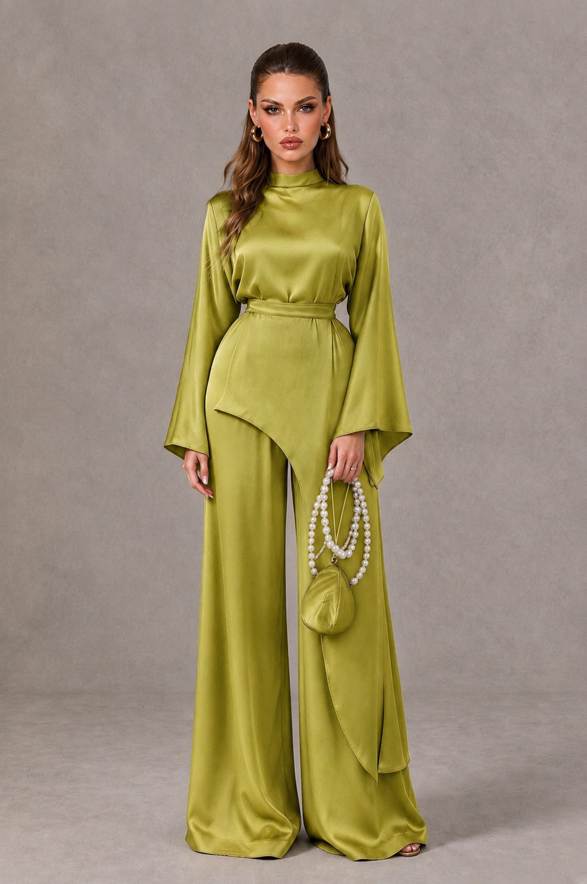 BOLODOO Chartreuse Satin-Look Long Sleeve Wide-Leg Jumpsuit - Chartreuse - Chartreuse_01