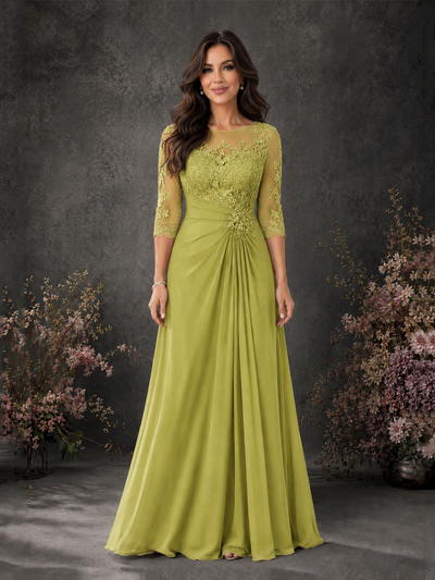 BOLODOO Chartreuse Chiffon Lace Illusion Neckline 3/4 Sleeve Floor Length Formal Gown - Chartreuse - Chartreuse_01