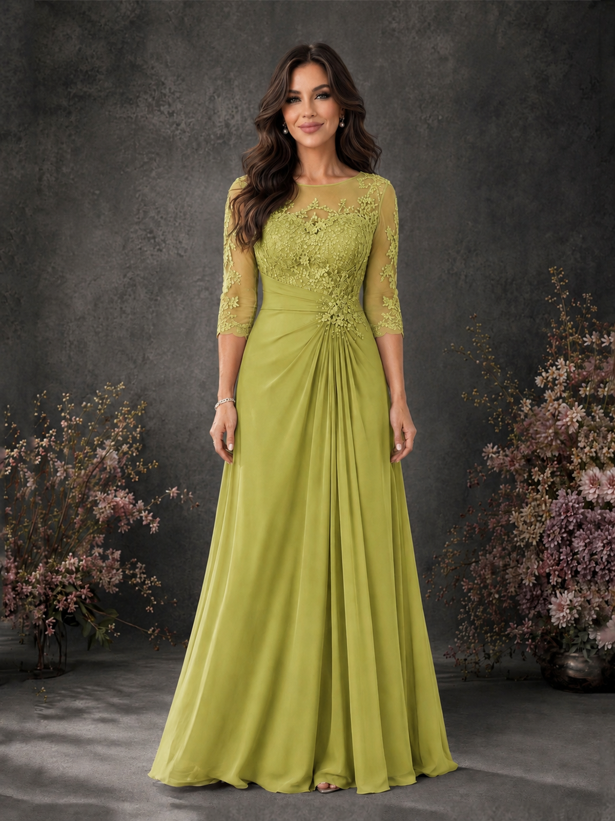 BOLODOO Chartreuse Chiffon Lace Illusion Neckline 3/4 Sleeve Floor Length Formal Gown - Chartreuse - Chartreuse_01