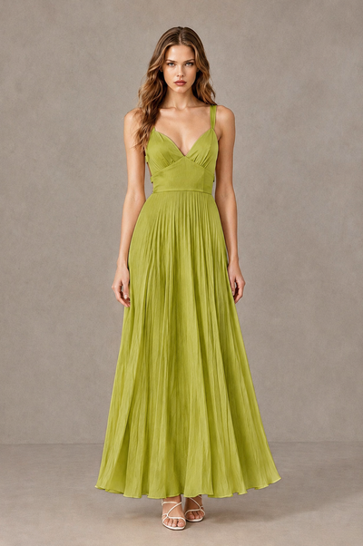 BOLODOO Chartreuse V-Neck Pleated Open-Back Maxi Dress - Chartreuse - Chartreuse_01