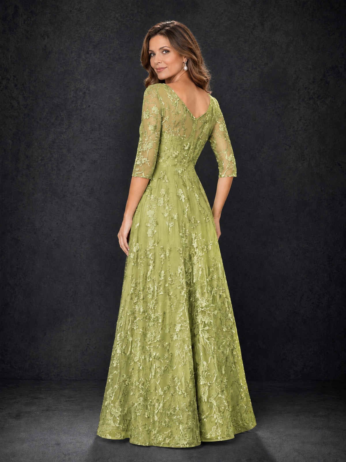 BOLODOO Chartreuse Illusion Bateau Neck 3/4 Sleeve Floral Lace A-Line Mother of the Bride Dress MX007 - Chartreuse - Chartreuse_02