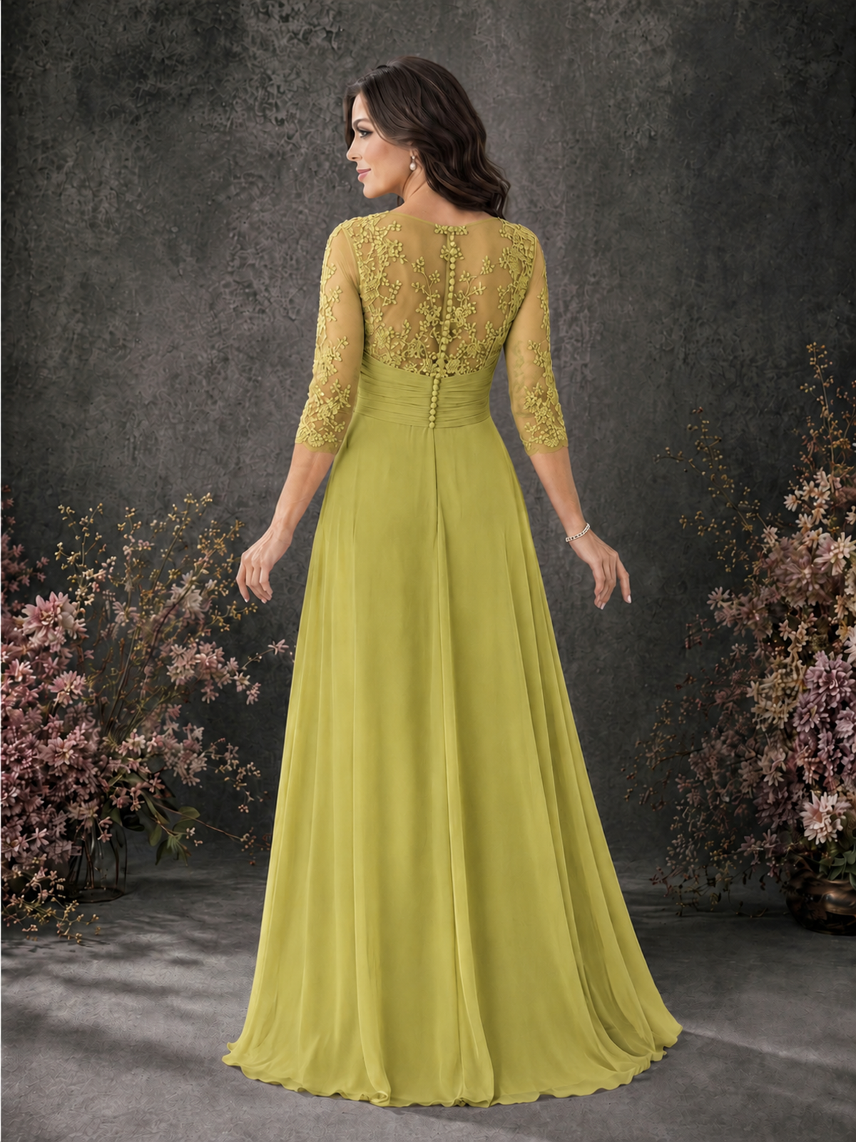 BOLODOO Chartreuse Chiffon Lace Illusion Neckline 3/4 Sleeve Floor Length Formal Gown - Chartreuse - Chartreuse_02