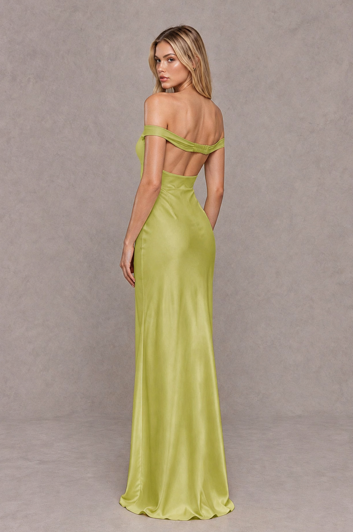 BOLODOO Chartreuse Off-Shoulder Open-Back Satin Evening Gown - Chartreuse - Chartreuse_02
