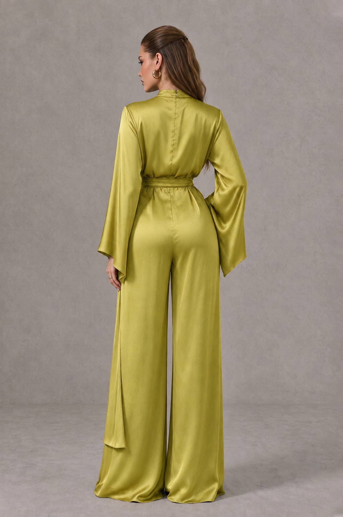 BOLODOO Chartreuse Satin-Look Long Sleeve Wide-Leg Jumpsuit - Chartreuse - Chartreuse_02