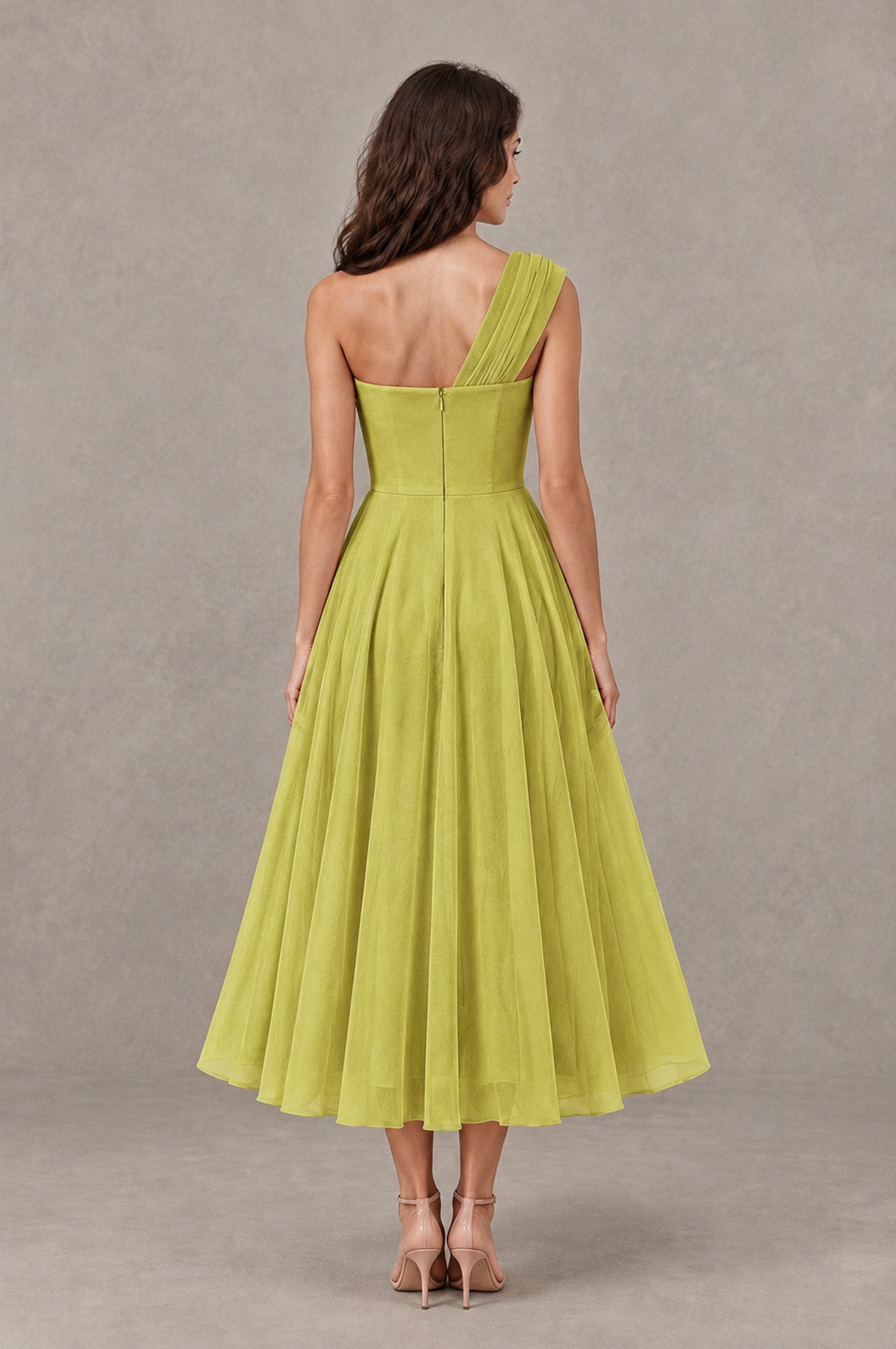 BOLODOO Chartreuse One-Shoulder Floral Tulle Tea-Length Dress - Chartreuse - Chartreuse_02
