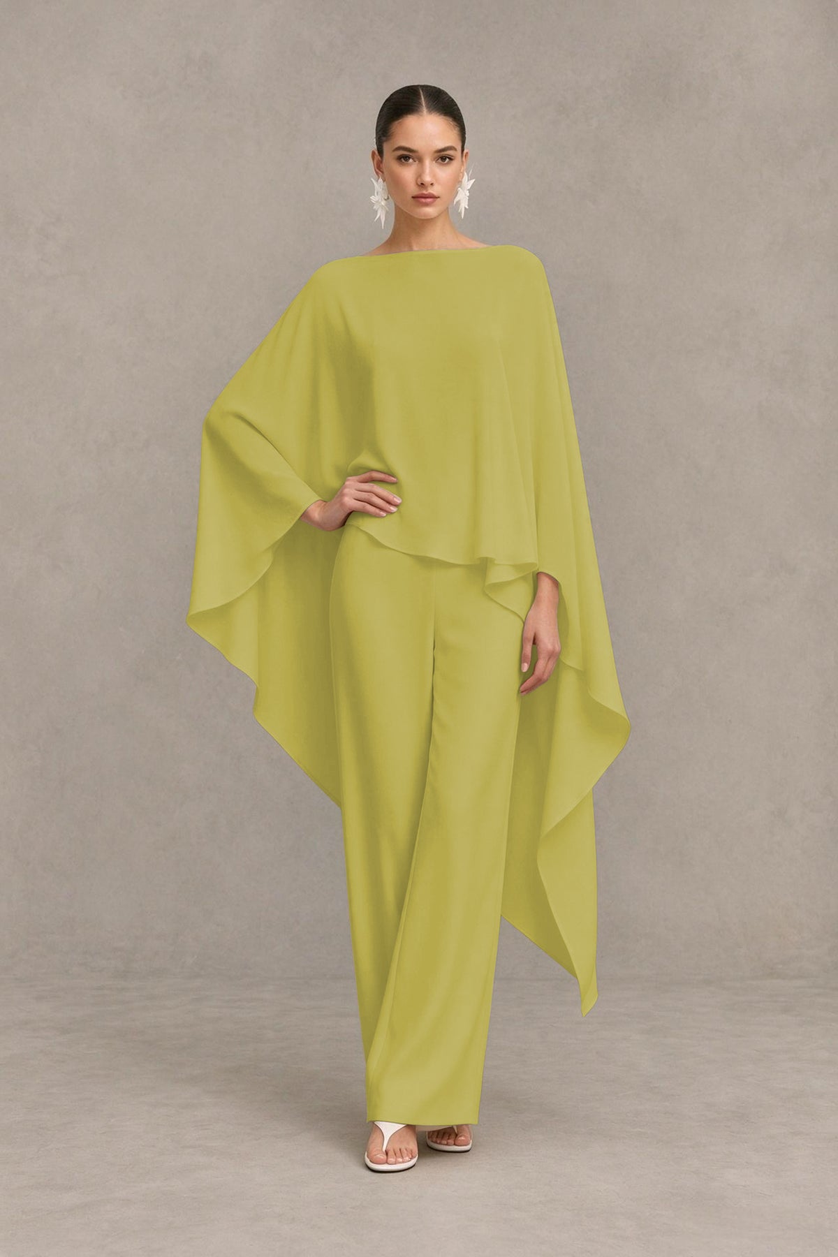 BOLODOO Chartreuse Cape Sleeve Wide-Leg Formal Pantsuit - Chartreuse - Chartreuse_03