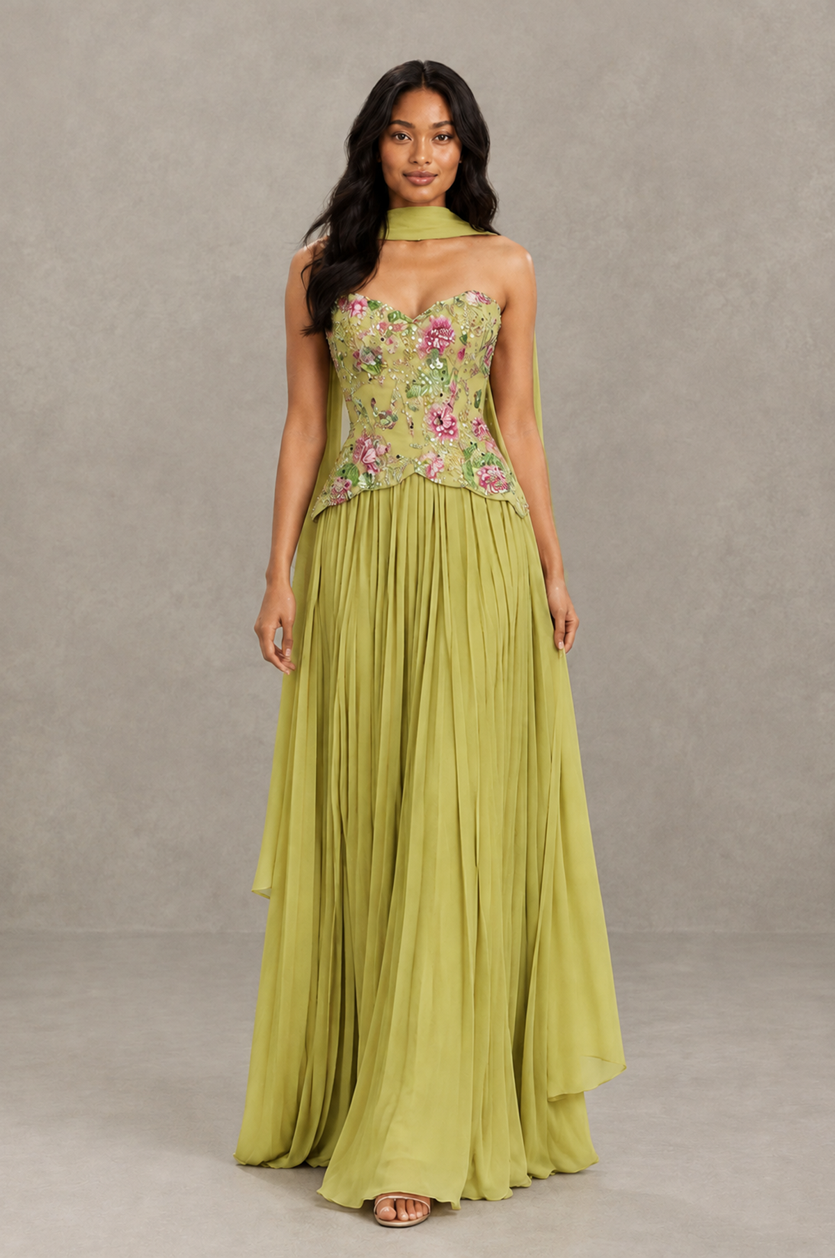 BOLODOO Chartreuse Strapless Beaded Floral Corset Chiffon Maxi Gown – Open Back Prom & Formal Evening Dress - Chartreuse - Chartreuse_03