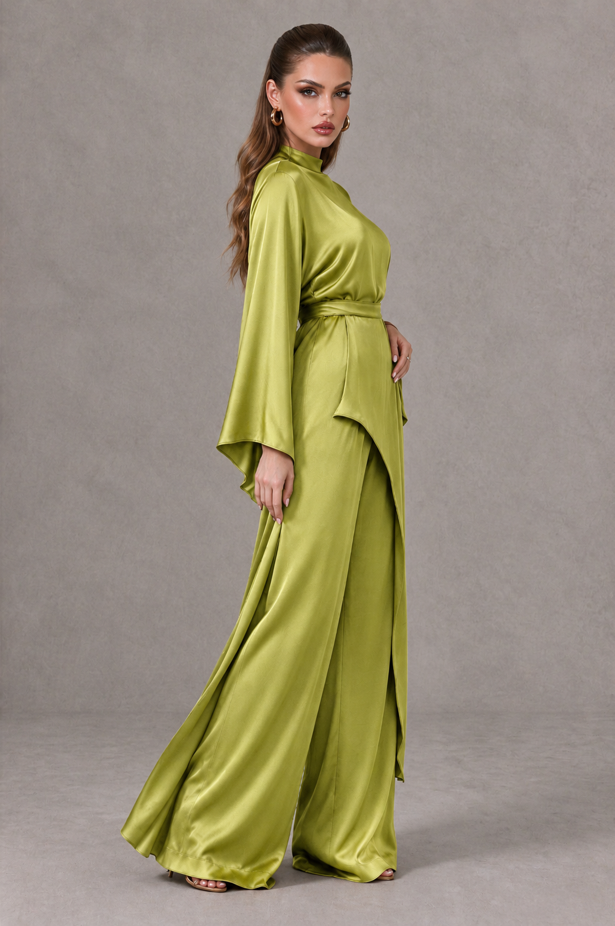 BOLODOO Chartreuse Satin-Look Long Sleeve Wide-Leg Jumpsuit - Chartreuse - Chartreuse_03
