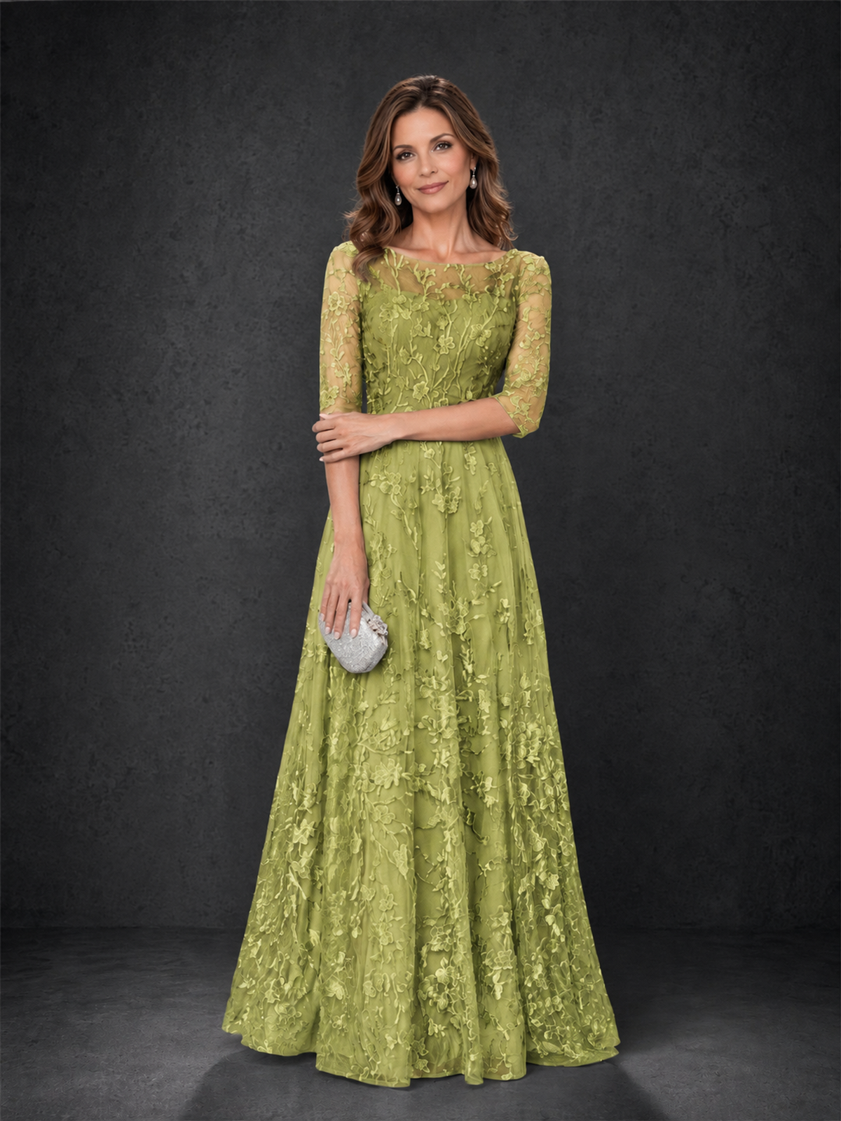 BOLODOO Chartreuse Illusion Bateau Neck 3/4 Sleeve Floral Lace A-Line Mother of the Bride Dress MX007 - Chartreuse - Chartreuse_03