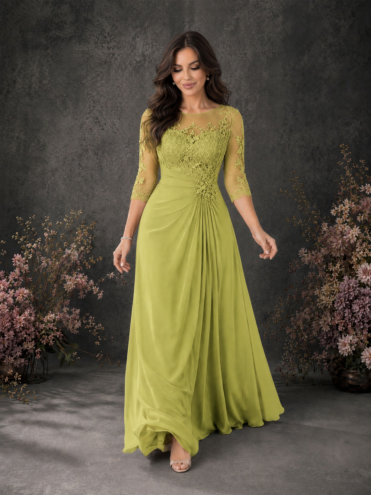 BOLODOO Chartreuse Chiffon Lace Illusion Neckline 3/4 Sleeve Floor Length Formal Gown - Chartreuse - Chartreuse_03
