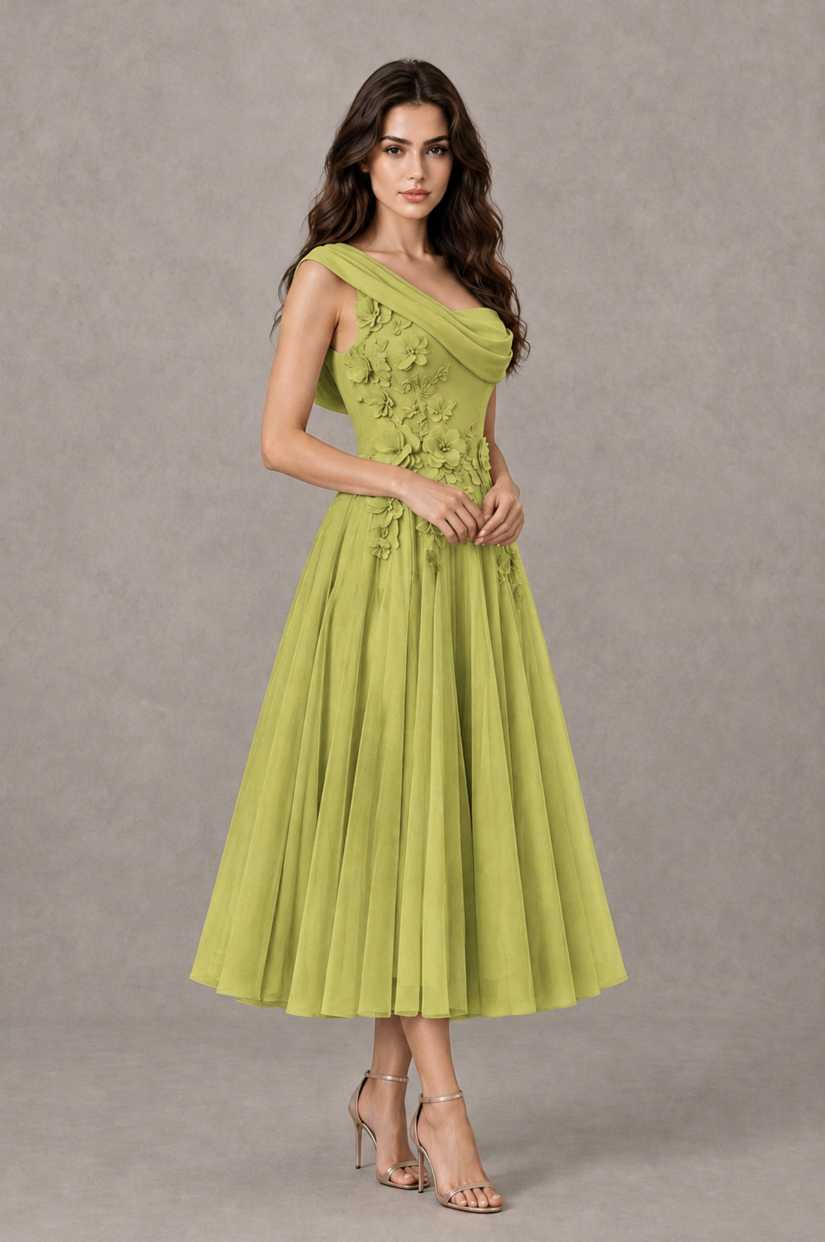 BOLODOO Chartreuse One-Shoulder Floral Tulle Tea-Length Dress - Chartreuse - Chartreuse_03