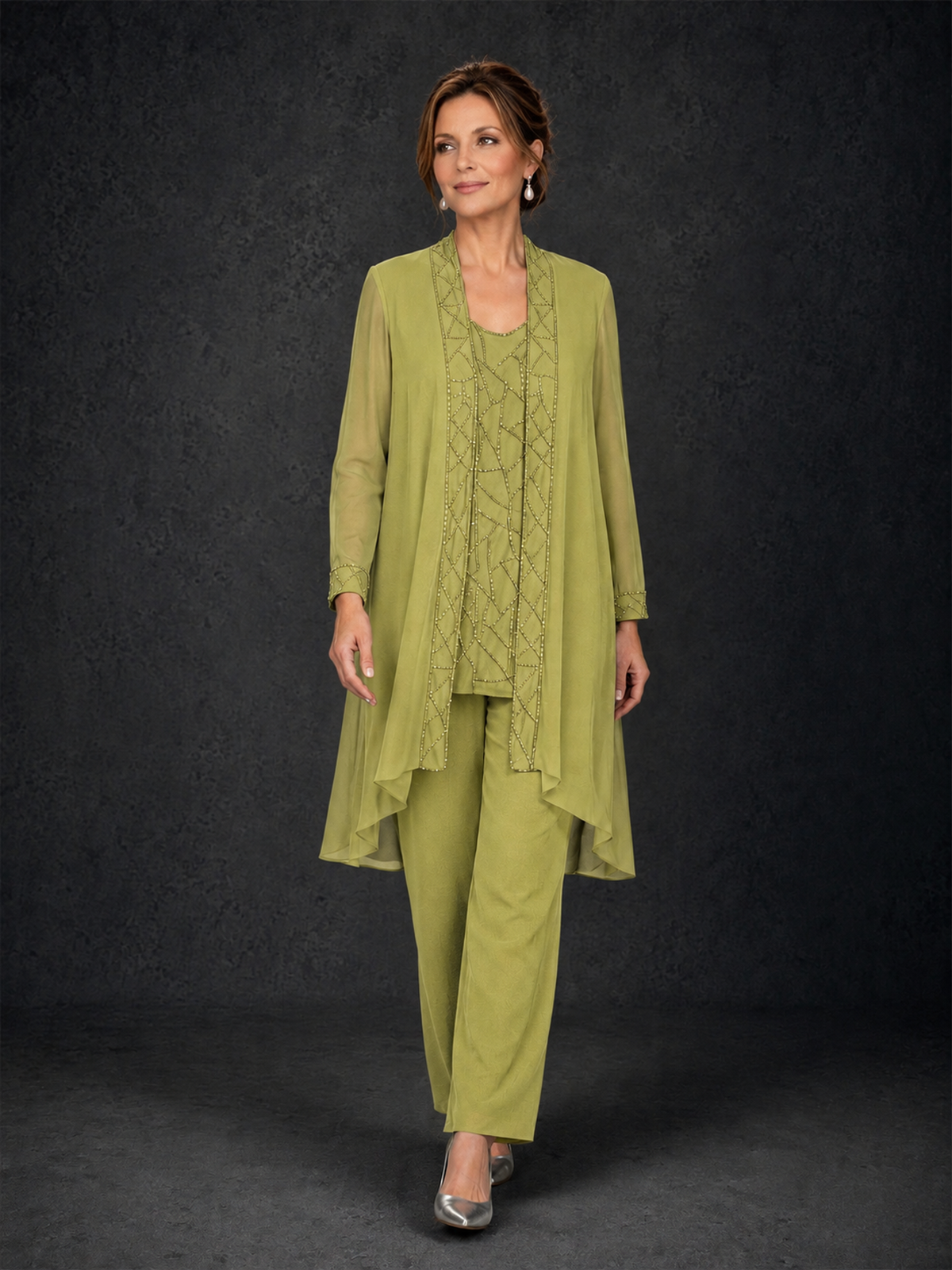 BOLODOO Chartreuse 3-Piece Beaded Chiffon Duster Jacket Pant Suit - Chartreuse - Chartreuse_04