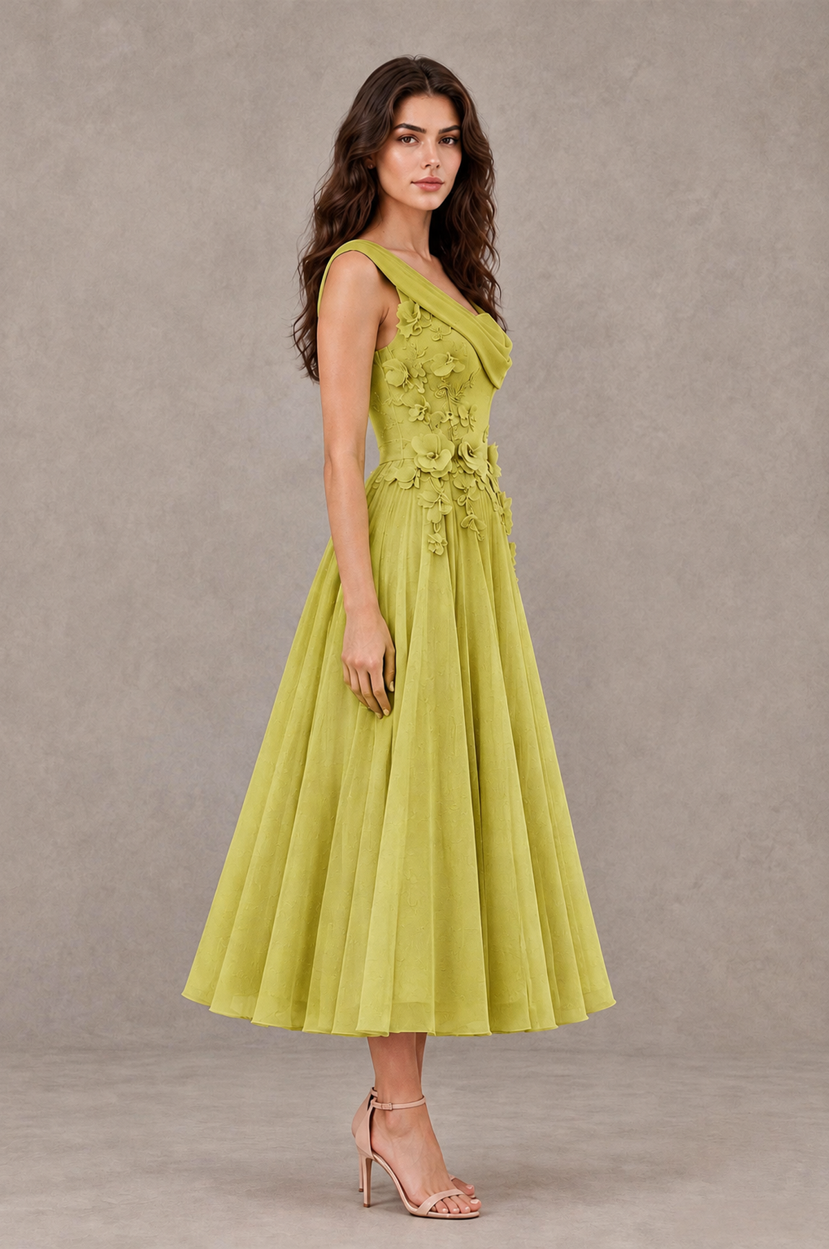 BOLODOO Chartreuse One-Shoulder Floral Tulle Tea-Length Dress - Chartreuse - Chartreuse_04