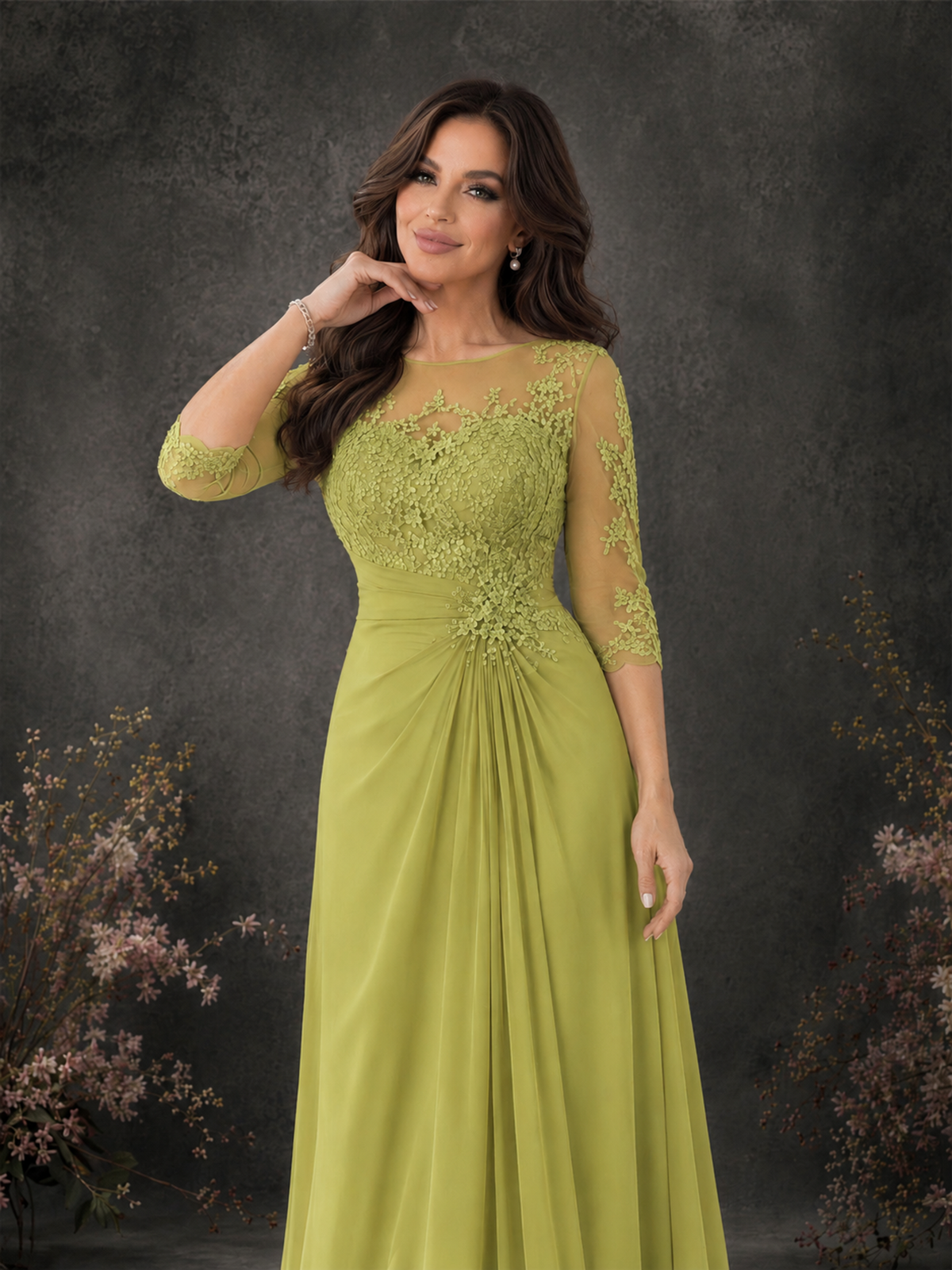 BOLODOO Chartreuse Chiffon Lace Illusion Neckline 3/4 Sleeve Floor Length Formal Gown - Chartreuse - Chartreuse_04