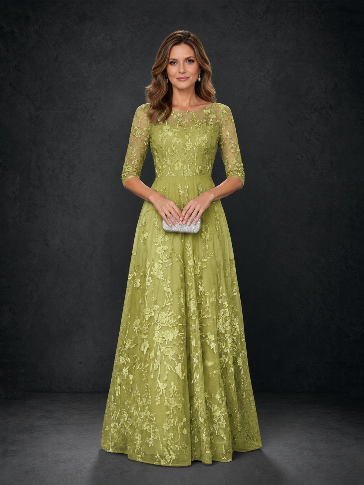 BOLODOO Chartreuse Illusion Bateau Neck 3/4 Sleeve Floral Lace A-Line Mother of the Bride Dress MX007 - Chartreuse - Chartreuse_04