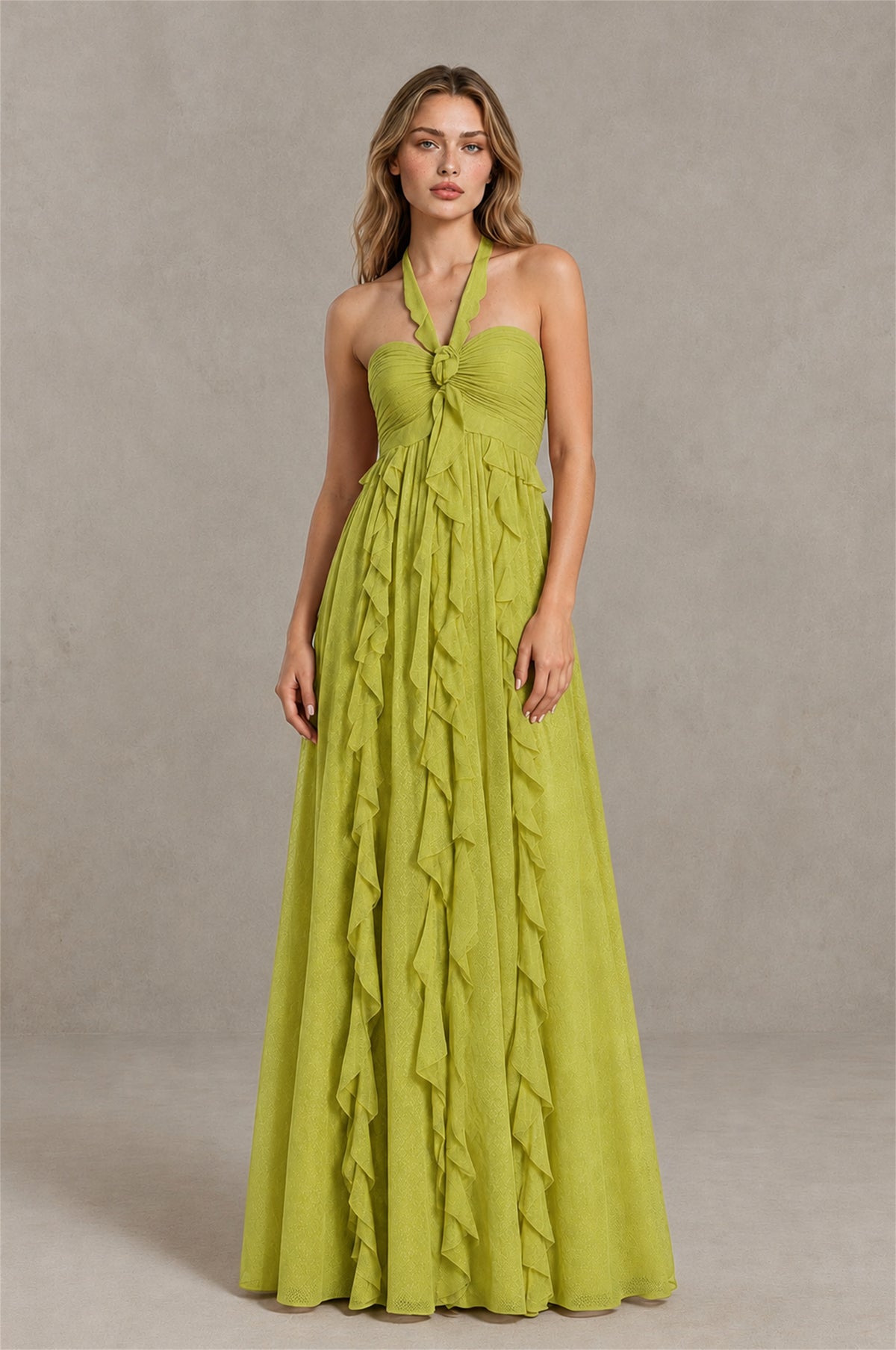 BOLODOO Chartreuse Halter Ruffle A-Line Floor-Length Evening Dress - Chartreuse - Chartreuse_1