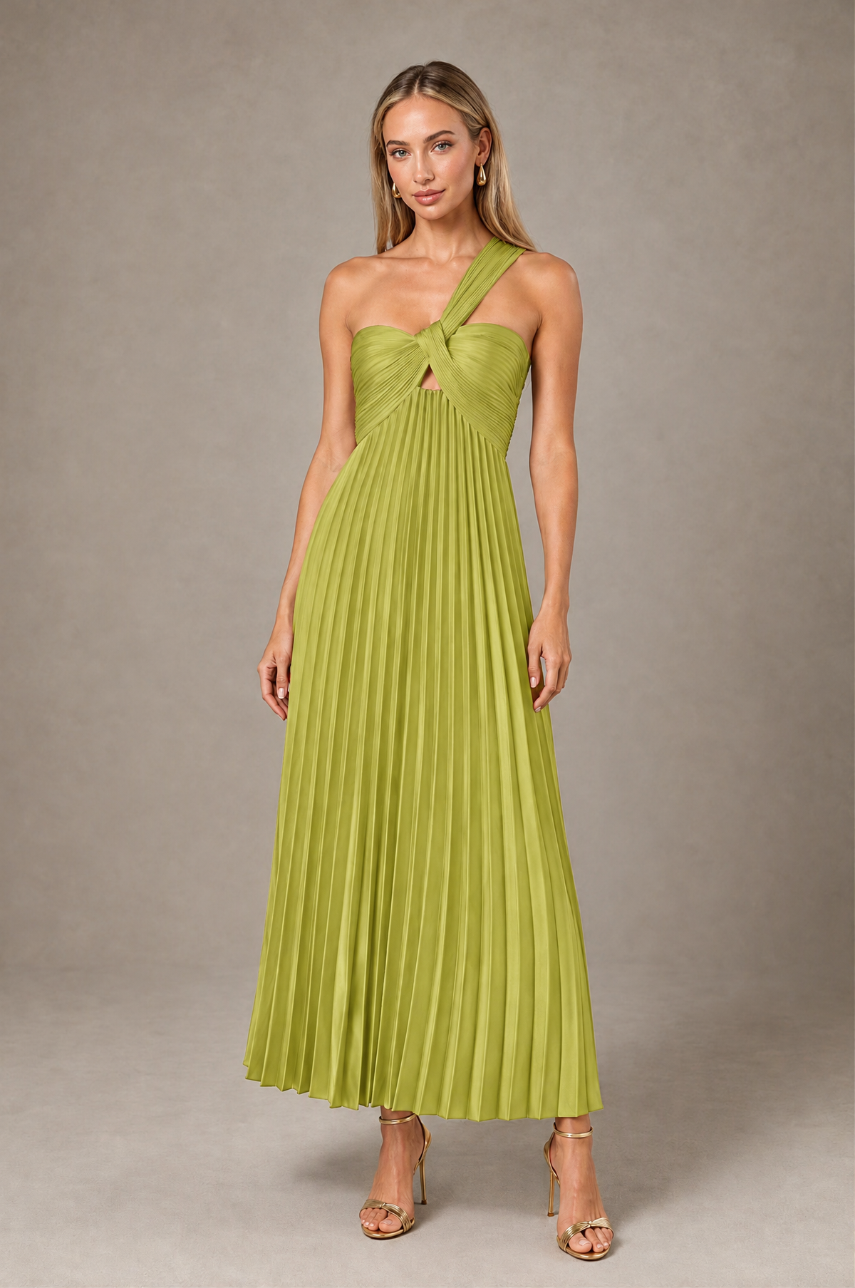 BOLODOO Chartreuse One-Shoulder Twist Knot Pleated Satin Midi Dress with Cutout - Chartreuse - Chartreuse_1