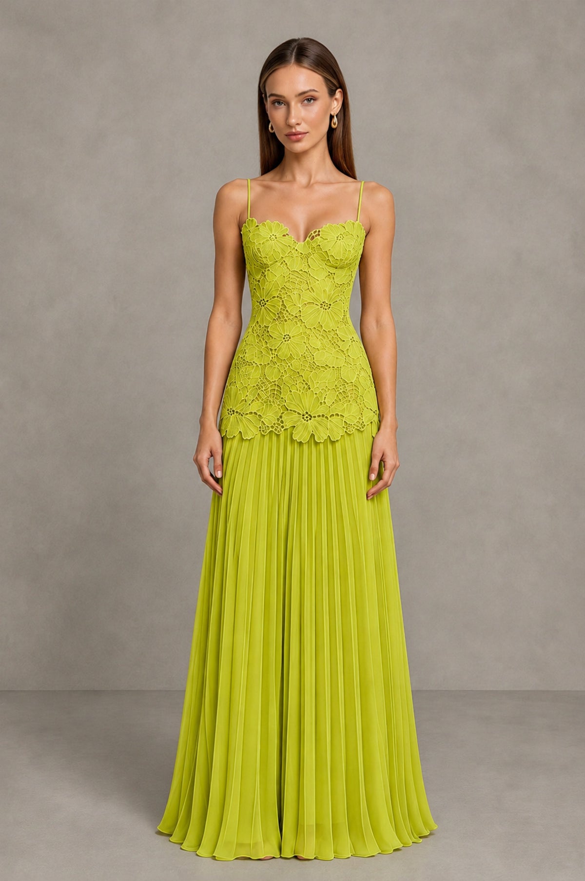 BOLODOO Chartreuse Lace Bodice Pleated Wedding Guest Dress - Chartreuse - Chartreuse_1