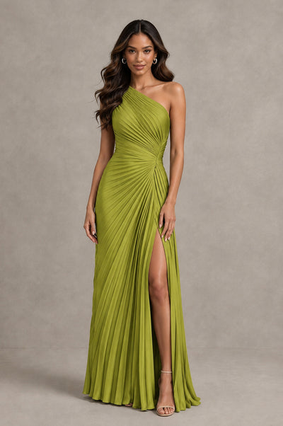 BOLODOO Chartreuse One Shoulder Pleated Evening Dress with Ruched Waist and High Slit - Chartreuse - Chartreuse_1