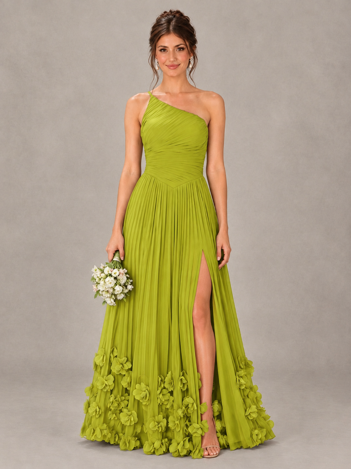 BOLODOO Chartreuse One-Shoulder Pleated Bridesmaid Dress with 3D Floral Hem - Chartreuse - Chartreuse_1