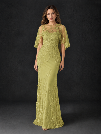BOLODOO Chartreuse Botanical Lace Flutter Sleeve Mermaid Gown - Chartreuse - Chartreuse_1