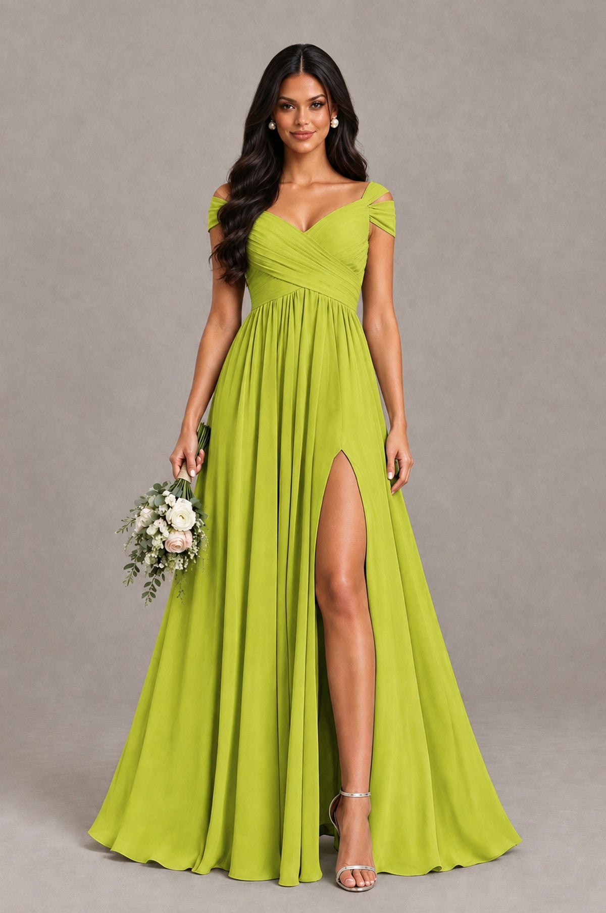 BOLODOO Chartreuse Cold Shoulder Chiffon Evening Dress with V Neck and High Slit - Chartreuse - Chartreuse_1