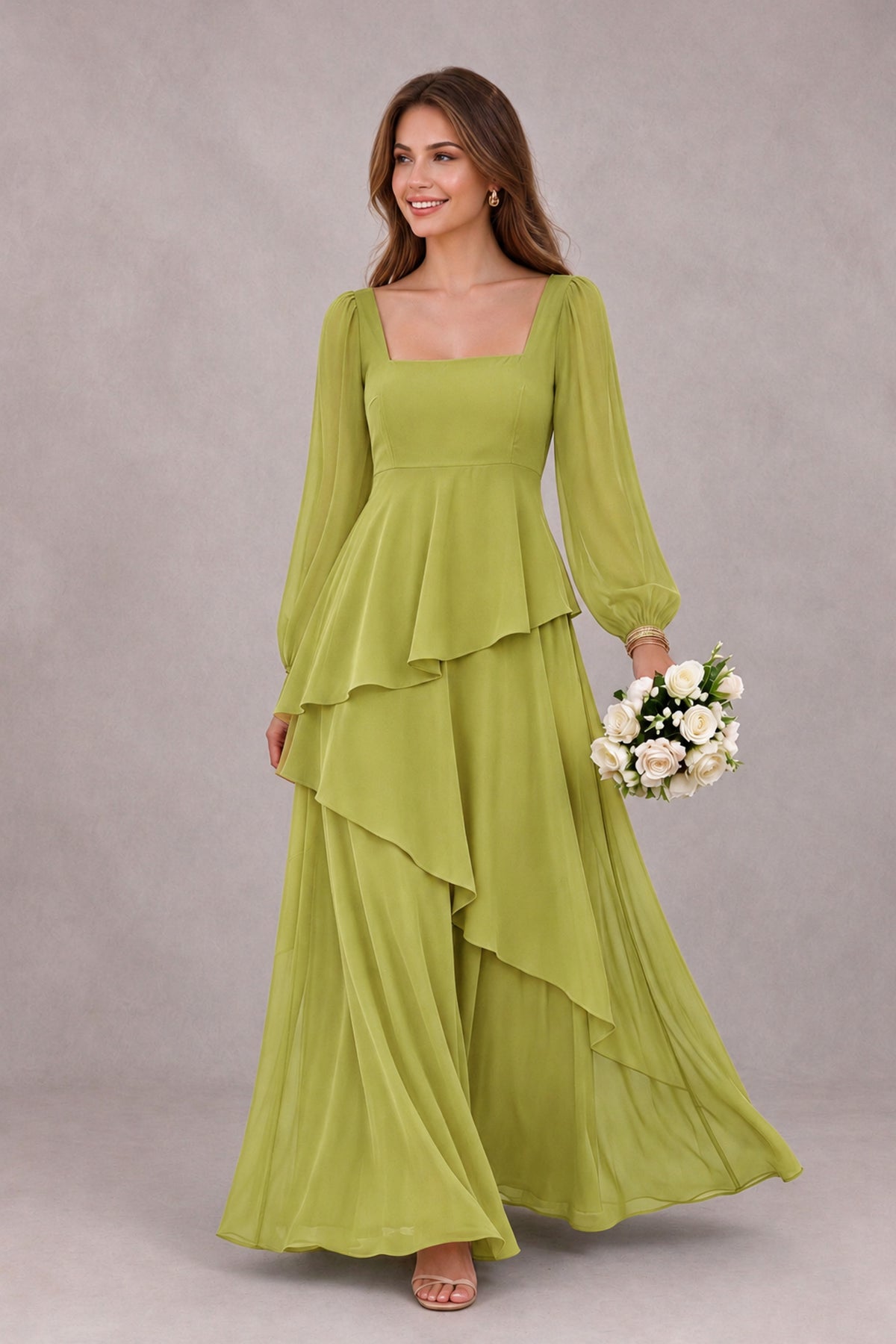 BOLODOO Chartreuse Long Sleeve Ruffle Bridesmaid Dresses - Chartreuse - Chartreuse_1