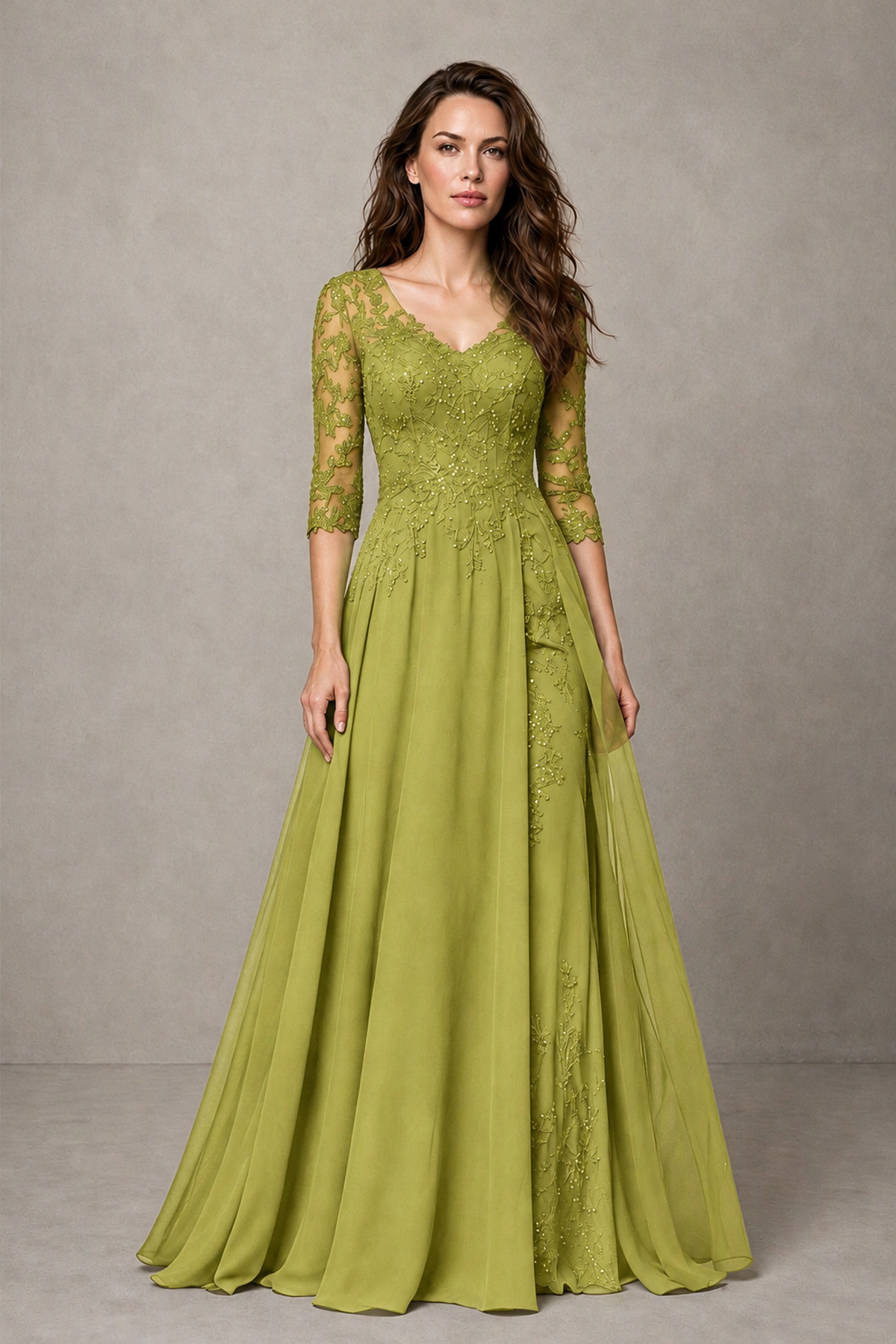 BOLODOO Midnight Chartreuse Beaded Lace Appliqué Chiffon A-Line Gown | Mother of the Bride & Formal Evening Dress - Chartreuse - Chartreuse_1