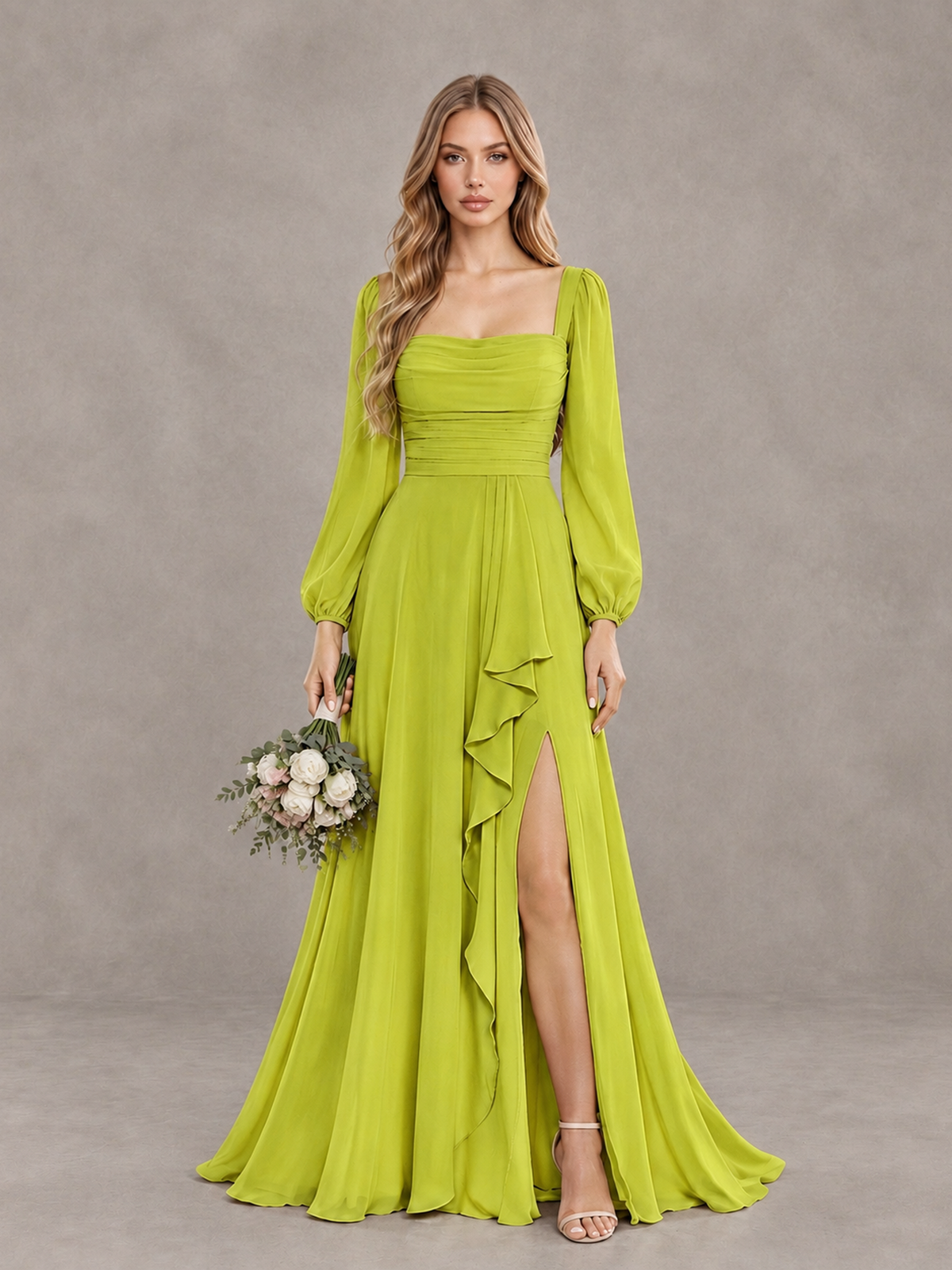BOLODOO Chartreuse Square Neck Long Sleeve Bridesmaid Dress with Ruffle Slit - Chartreuse - Chartreuse_1